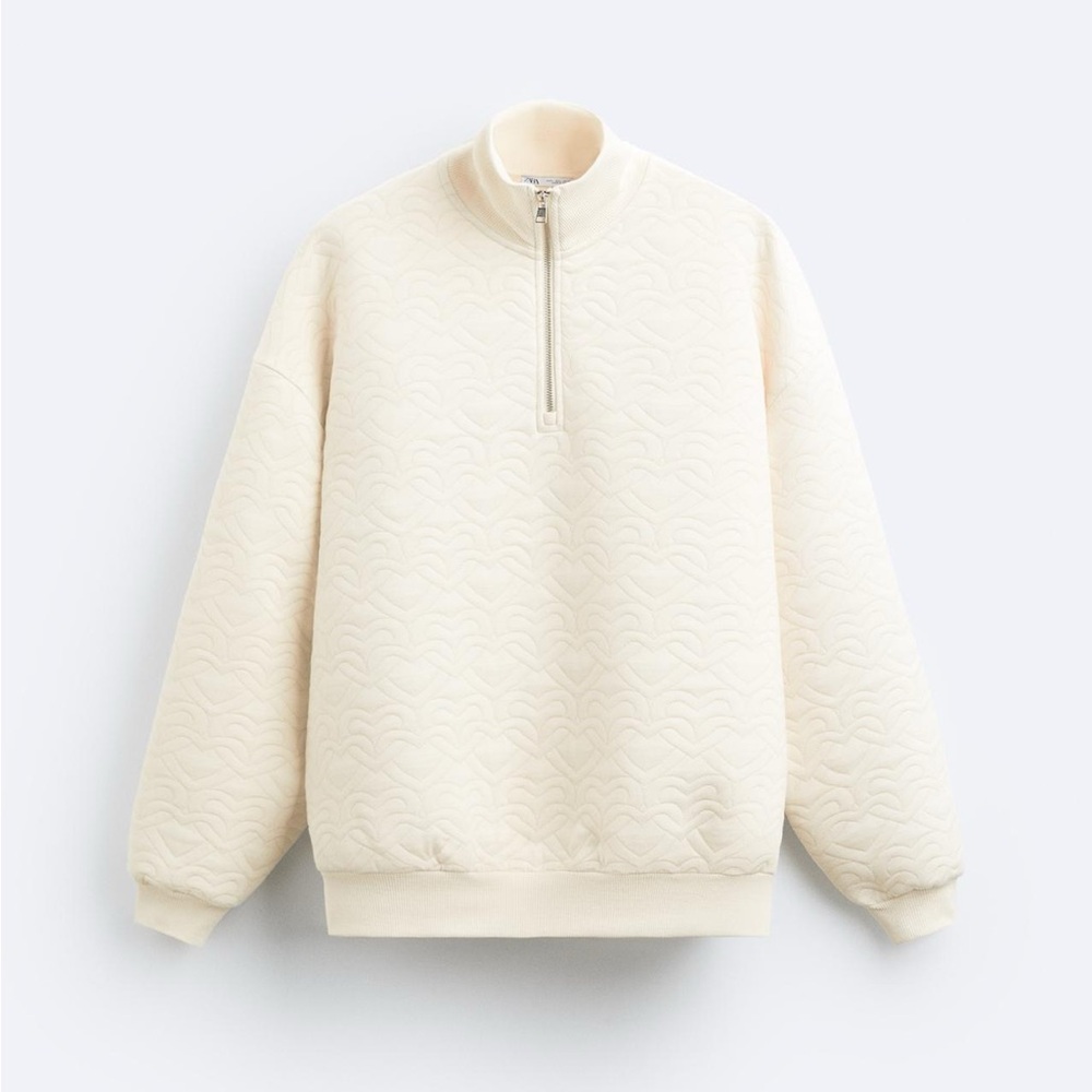 New Zara Men Sweetheart Hearts Sweatshirt 1/4 Zipped Sweater Top S Ecru